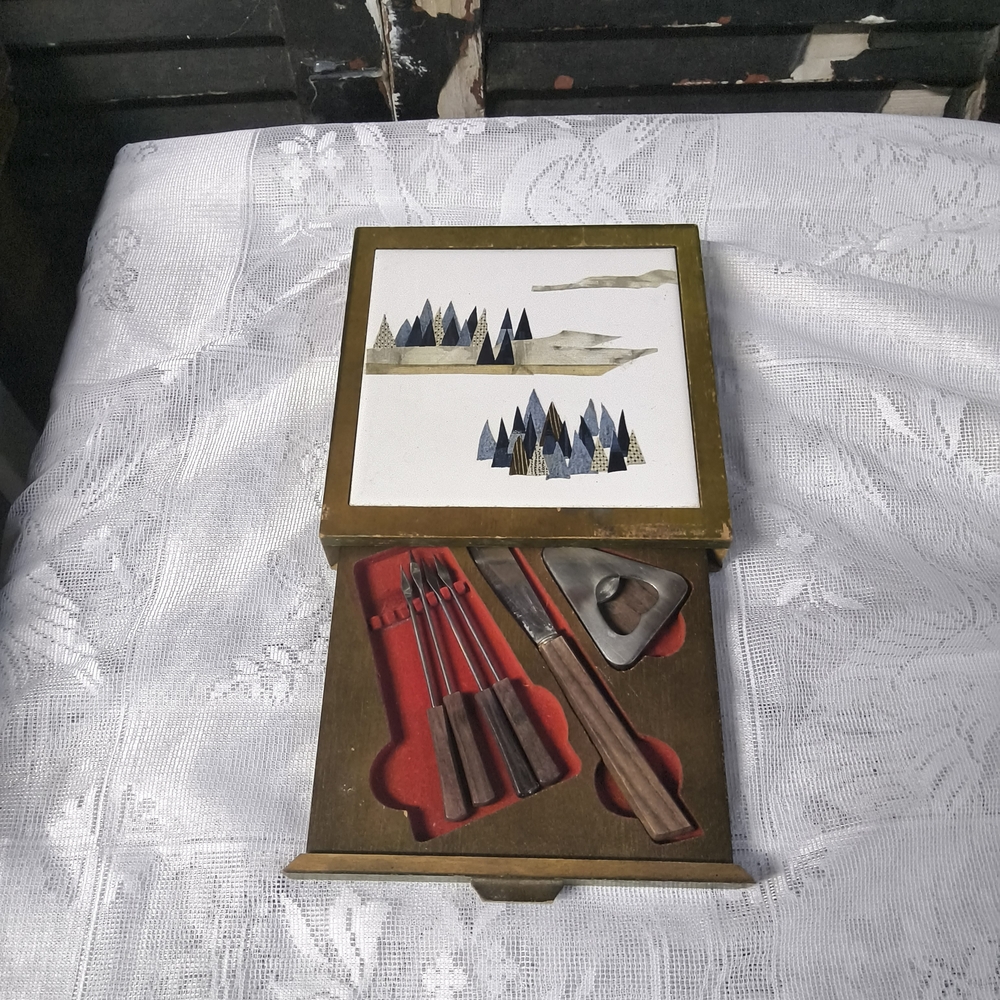 Mid-Century Brass Cheese Serving Set with Wood Handles